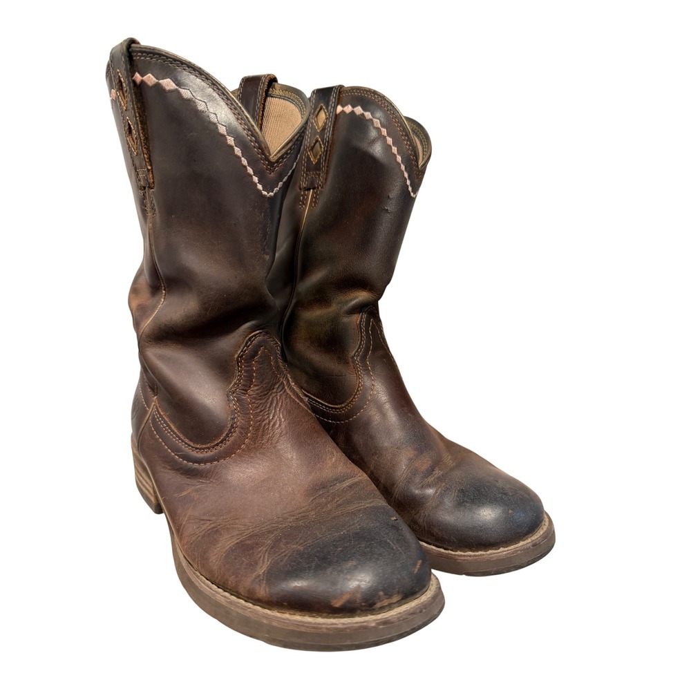 Ariat Brown Leather Western Cowgirl Boots Pink Stitching Comfort Size US 7.5B - Picture 6 of 8